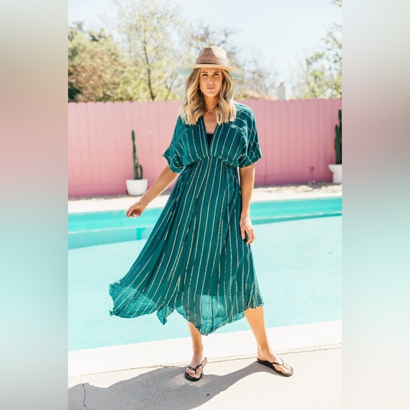 En Crème Sabrina Lurex Kimono Teal Maxi Dress with Silver Stripes -  M - Picture 4 of 10